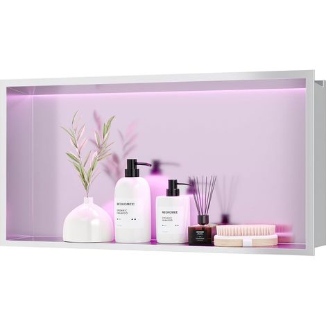 Douche niche murale en acier inoxydable avec lumière LED RVB - Étagère de rangement simple intégrée avec télécommande pour salle de bain - 60 x 30 cm (1/5)