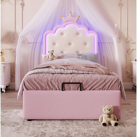 Bett Kinder 90x200 cm Rosa aus PU und MDF, mit Lattenrost, LED-Licht und hydraulischem Stauraum (1/5)