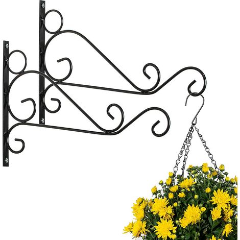 MINKUROW Set mit 2 schwarzen Halterungen für hängende Körbe für den Außenbereich, Retro-Eisen-Pflanzenaufhängerhaken, 30 cm lange, an der Wand befestigte Gartenhalterungen für Pflanzgefäße, Vogelhäuse (1/5)