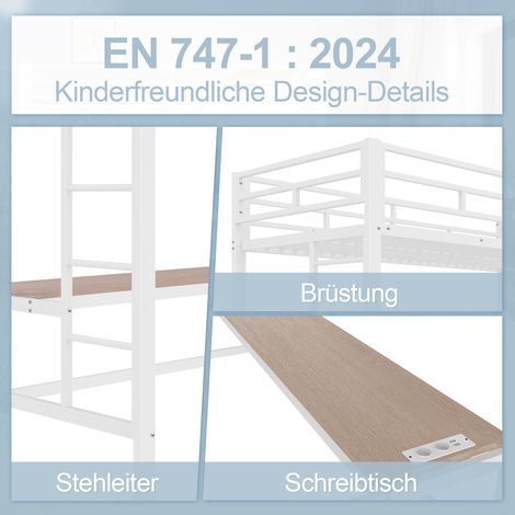 Lit superposé 90x200 cm avec garde-corps, échelle, bureau USB et prise, bande LED contrôlable par app, conforme EN747, sans matelas, métal blanc (1/5)