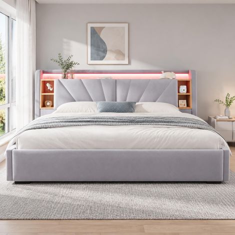 Lit coffre 90 x 200 cm, canapé-lit, éclairage LED et ports USB, dossier avec étagère de rangement, velours, Gris clair (1/5)