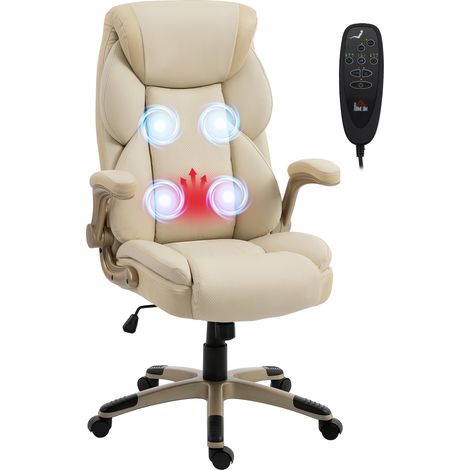 HOMCOM silla de oficina con masaje vibratorio de 4 puntos, calor lumbar, brazos abatibles, respaldo alto, altura ajustable, crema