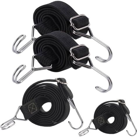 4 extra starke, flache Gummiseile mit Haken, lange, verstellbare Gummibänder, für Gepäck, Camping, Auto und Zelt. (1/4)