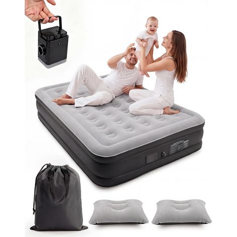 Double Inflatable Mattress 203 x 152 x 40 cm, 40 Air Chambers, Soft Flocked Surface, Maximum Load 300 kg, Inflatable Mattress with Carry Bag and 2 Pillows, Ideal for Guests at Home, Camping, Grey (1/5)
