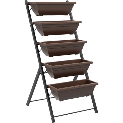 Jardinière sur pied 5 bacs amovibles acier noir PP marron (1/5)