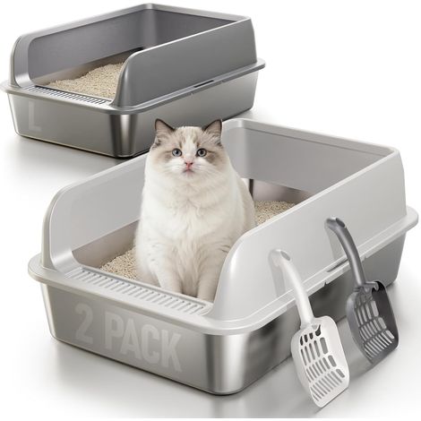 Set of 2 Stainless Steel Cat Litter Trays (1/5)