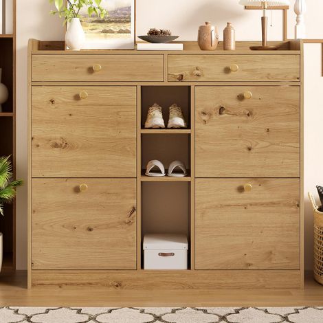 Meuble à chaussures, 110x26x100 cm, Rangement chaussures entrée gain de place pour couloir, 4 portes abattantes 2 tiroirs et 3 niches en bois, Naturel (1/5)