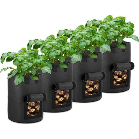 Lot de 4 Sacs de Culture de Pommes de Terre de 37 litres avec fenêtres à Rabat, Pots en Tissu d'aération très résistants avec poignées pour Jardin et Plantation (Noir) (1/5)