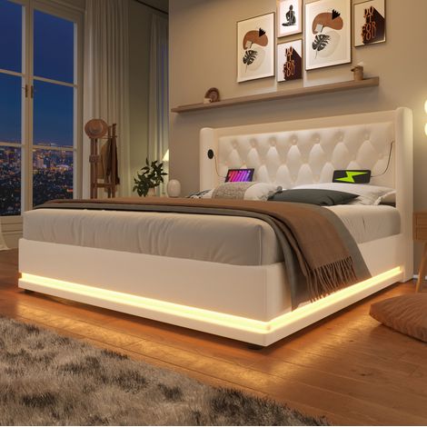 lit adulte double rangement USB LED 140x200 PU blanc OKMYHOME (1/5)