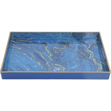 Plateau de Service Décoratif Élégante Rectangulaire en Plastique Bleu avec Poignées, Entretien Facile et Rangement Polyvalent Cuisine Salle de Bain'-'-