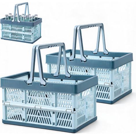 Lot de 2 boîtes pliantes avec anse - Boîte pliante portable - Panier de rangement empilable - En plastique - Pour collations, camping, salle de bain - Bleu (1/4)