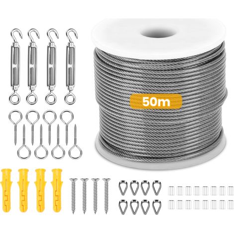 Kit de Fil de Jardin 50M, Serre Cable Acier, 45 Pcs Kit Gaine Cable 7x7  pour Plantes Treillis, Clôtures et Suspension de Guirlandes Lumineuses Extérieures