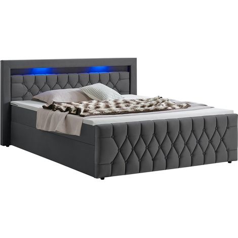 Letto a molle Leona - velluto 180 cm grigio Struttura letto con materasso a molle, topper e illuminazione LED (1/2)