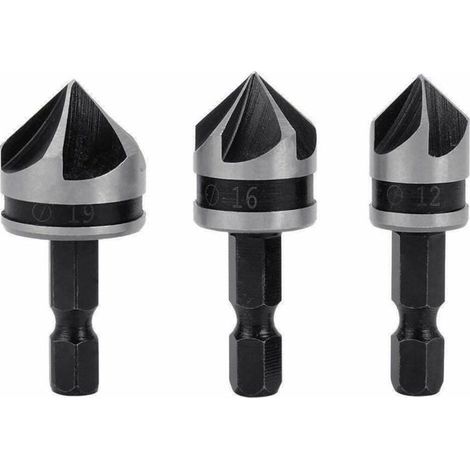 3pcs Fraise à Chanfreiner HCS 1/4" Hex, Foret Évier, Bois Métal, 12mm/16mm/19mm. (1/4)