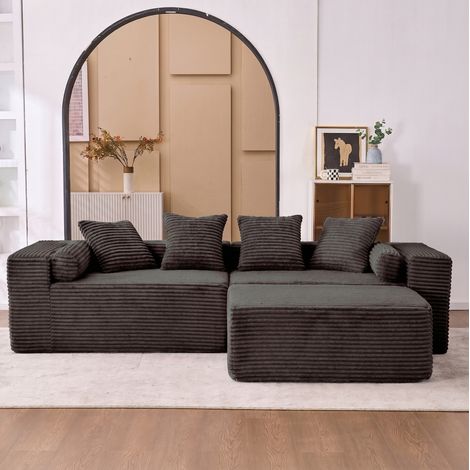 Divano angolare modulare a L con chaise longue in ciniglia nero OKMYHOME (1/5)