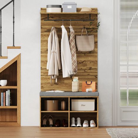 Modernluxe – Vestiaire meuble à chaussures avec banc rembourré – étagères réglables 84x35x175 cm – tringle robuste pour manteaux – bois naturel (1/5)