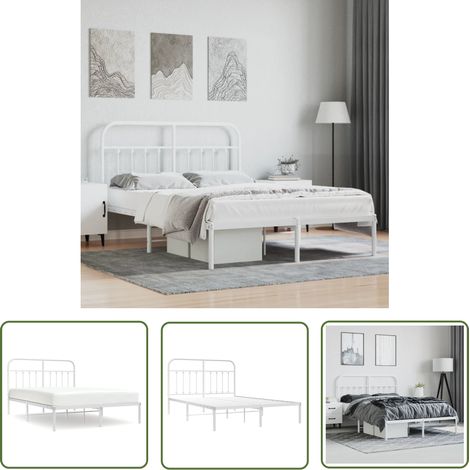 The Living Store Cadre de lit métal sans matelas et tête de lit blanc 140x190 cm - Cadre De Lit - Lit Double - Lit Metal - Lit Blanc - Meuble Chambre (1/5)