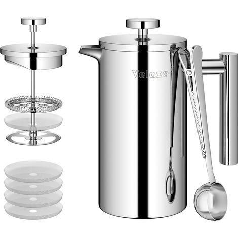 Cafetière à Piston en Acier Inoxydable 350ML, pour 2 Tasses, Double paroi Cafetiere café avec 5 Flitres et cuillère-S (1/5)