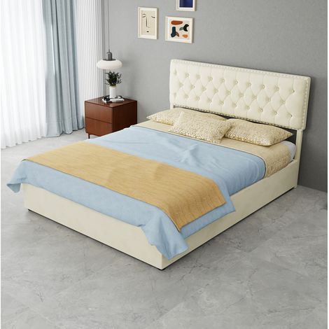 Bett modern 140x200 cm in beigem Dutch Velvet, Metallgestell, hohes Kopfteil, Stauraum unter dem Bett (1/5)