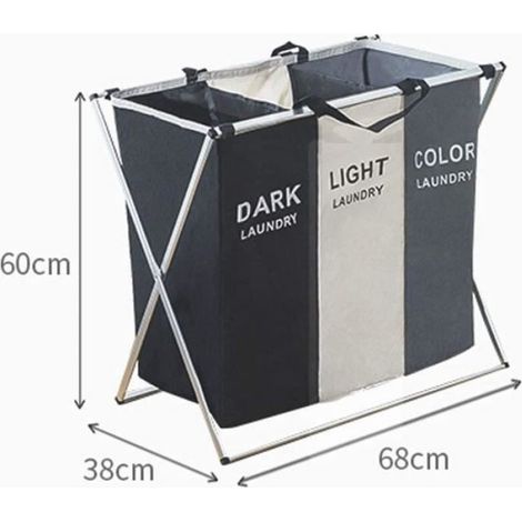 Panier à linge pliable 3 compartiments 155L – 68×38×60 cm, poignée, blanc/gris/noir (1/4)