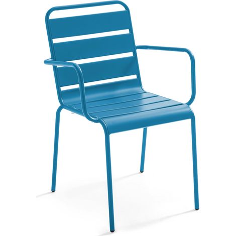 Oviala – Fauteuil de jardin en métal bleu pacific – Accoudoirs en acier thermolaqué – Empilable et antidérapant – Protection époxy contre rouille et UV