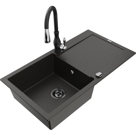 Mexen Leo lavello da cucina in granito 1-vasca con sgocciolatoio e rubinetto Savita, nero/oro metallizzato - 6501-75-672601-70-B (1/5)