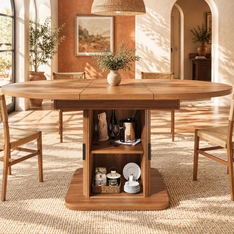Mesa extensible ovalada con almacenamiento, 110-149,8 cm, MDF y metal DESVIAE (1/5)
