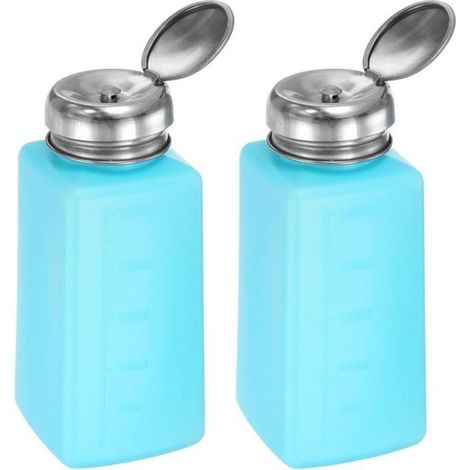2pcs distributeur d'alcool solvant 250ml (8,5 oz) pousser vers le bas bouteille de pompe de distributeur liquide avec couvercle d'étanchéité en acier inoxydable pour la solution d'acétone, bleu (1/5)