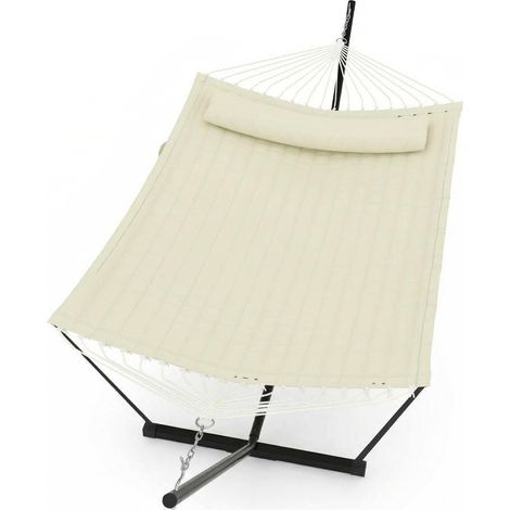 Hamac Double Robuste pour 2 Personnes avec Support Et Coussin - pour Jardin Terrasse Plage Ou Piscine - Blanc Cassé