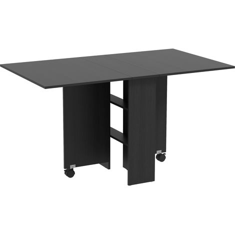 Table pliante gain de place avec 2 plateaux rabattables pour 6 personnes, avec étagères et roulettes, noire (1/5)