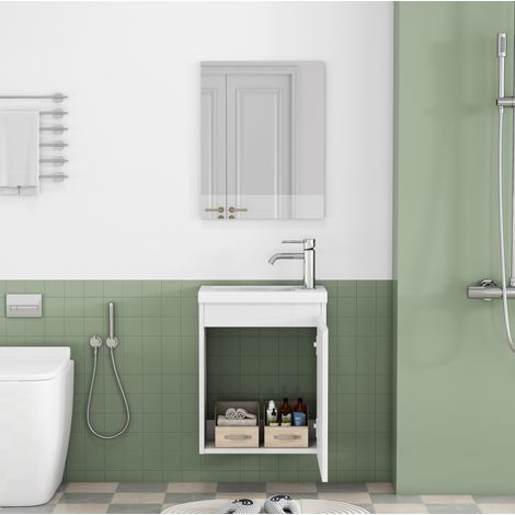 Meuble de salle de bains mural blanc brillant avec vasque en céramique et miroir, meuble vasque MDF sans poignées, charnières amorties, préassemblé pour petit espace – CHICFURN (1/5)