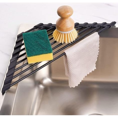 Escurreplatos triangular pequeño enrollable con revestimiento de silicona y marco de acero inoxidable para esquinas de fregadero, escurridor de cocina multifuncional para ahorrar agua.