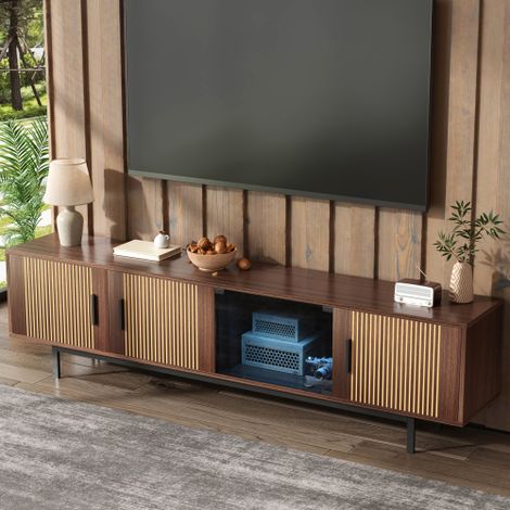 Meuble TV 200 cm avec texture gravée, bande lumineuse LED et porte en verre trempé, marron