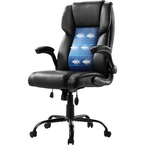 Silla de Oficina con Respaldo Alto Reposabrazos Abatibles Soporte Lumbar Silla de Escritorio con Inclinación Altura Ajustable Silla Giratoria de Cuero PU para Trabajar, Estudiar, Jugar, Negro (1/5)