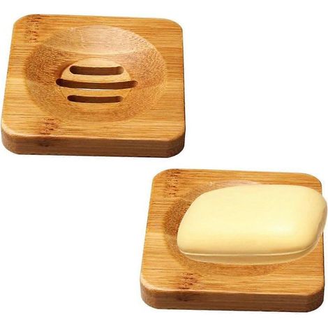 Lot de 2 porte-savons en bambou, porte-savon pour douche et salle de bain, boîte hygiénique en bambou résistant aux moisissures et à l'eau - Forme carrée (1/5)