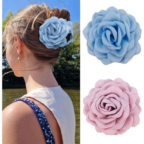 Set di 2 fermagli per capelli da donna a forma di fiore, grandi fermagli hawaiani a forma di fiore, rosa e azzurro.
