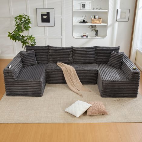 Divano modulare a U 320x155x88 cm grigio scuro in corduroy con portabicchiere, tasche laterali e cuscini (1/5)