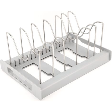 Organisateur de casseroles extensible, antidérapant, réglable et multifonctionnel, support pour couvercles de casseroles, gris, idéal pour la cuisine et la cantine. (1/5)