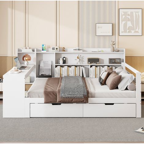 MEUBLIV Bett 140x200 cm weiß – Schreibtisch, Stauraum und integrierte Steckdose (1/5)