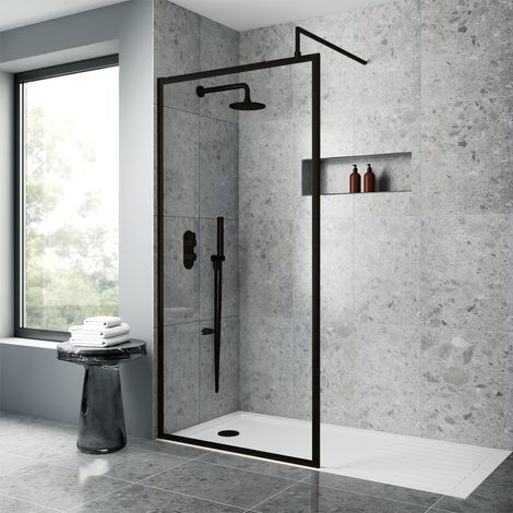 Hudson Reed Full Outer Framed Wetroom Screen 760mm W x 1950mm H with Support Bar 8mm Glass - Matt Black (1/3)