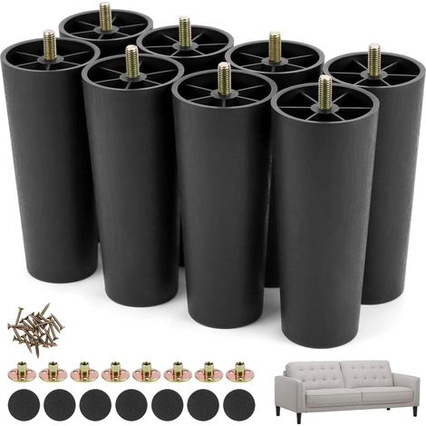 QWORK® Lot de 8 pieds de meubles de 15 cm (6 pouces) en plastique noir, avec vis et antidérapants, pour canapés et chaises (à monter soi-même). (1/5)