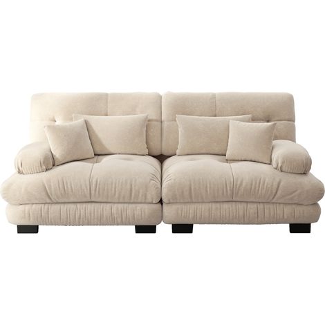 Canapé d’angle en chenille, 2 places avec 4 coussins (2 lombaires + 2 décoratifs) – Cadre en bois massif, beige clair (1/5)