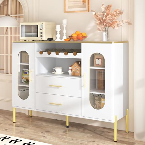 MEUBLIV Buffet blanc avec portes vitrées, casier à vin et 2 tiroirs 120x38x90 cm (1/5)