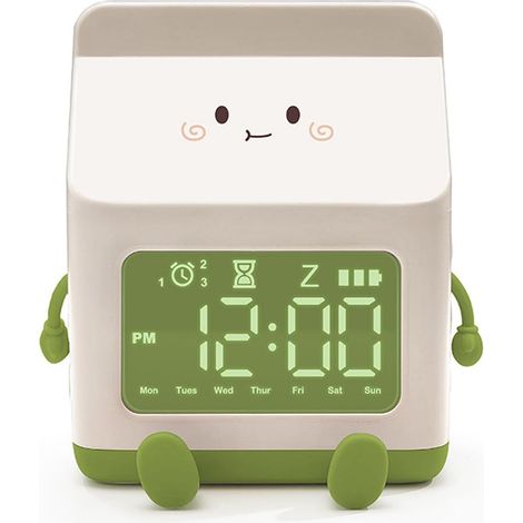 Réveil amusant en forme de boîte à lait, réveil numérique à compte à rebours pour enfants, idéal pour la décoration de la chambre (vert) (1/5)