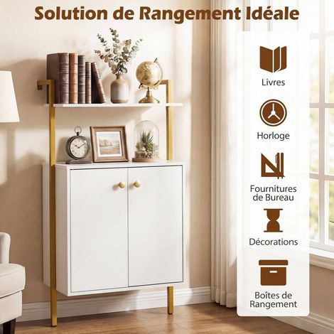 Armoire murale blanche 4 niveaux en métal avec 2 portes et 2 étagères ouvertes, fermeture magnétique pour salon, chambre et bureau (1/5)