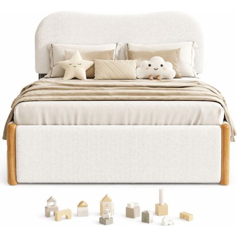 Letto imbottito 140x200 cm con letto estraibile laterale, testiera bianca, stile minimalista, struttura in MDF e tessuto, per camera moderna CHICFURN (1/5)