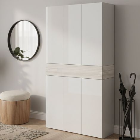 Dmora - Zapatero Marzio, zapatero que ahorra espacio con 7 puertas, armario de entrada multifuncional, 114x38h200 cm, efecto alerce blanco (1/5)