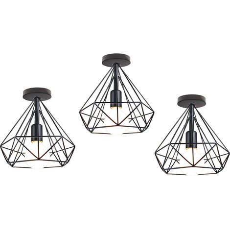Ceiling Light Fixture Vintage Industrial Simple Ceiling Lamp Ø25cm Metal Diamond Cage Chandelier with Lampshade for Living Room Hallway - 3X Black