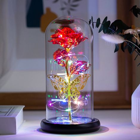 Lampe Nuit Rose - Lumière Colorée LED - Décoration Intérieure et Cadeau - Dôme en Verre - Alimentation par 3 Piles AAA - 22 x 11 cm (1/5)