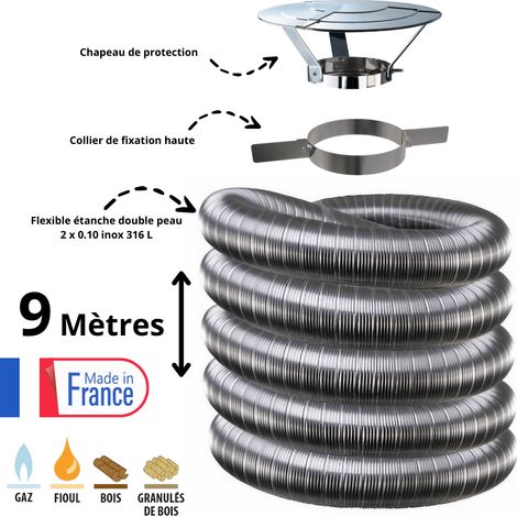 Edilinox – Kit tubage flexible double paroi inox 200mm – Longueur 9 mètres – Collier et chapeau inclus – Évacuation fumées poêle et cheminée (1/2)